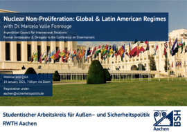 Veranstaltungsplakat mit Photo des Genfer Palastes der Nationen und Flaggenallee im Vordergrund